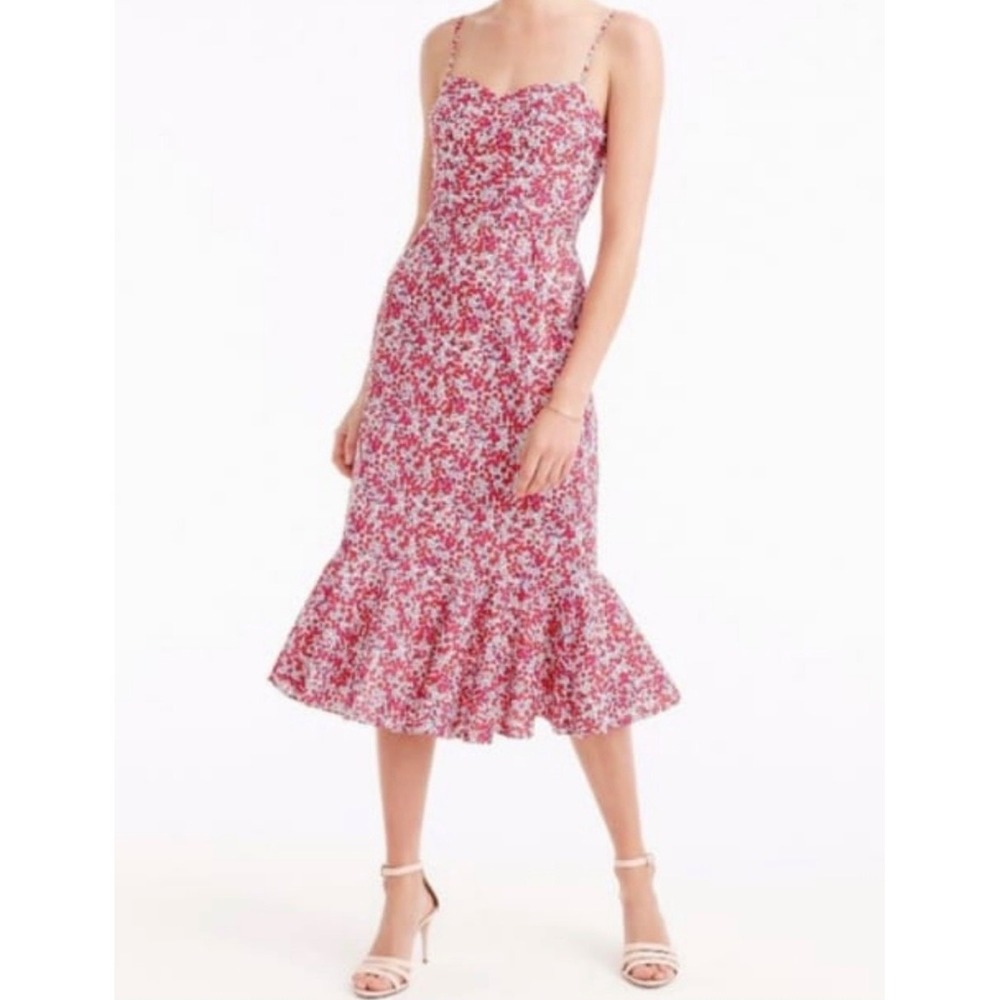 J.Crew Liberty Fabric Wiltshire Floral Berry Midi Dress Red Pink Cotton Size 16